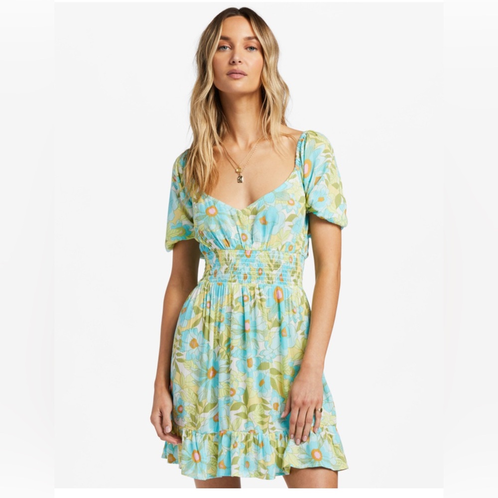 Billabong Something Pretty Floral Mini Dress in Blue/Yellow Floral
